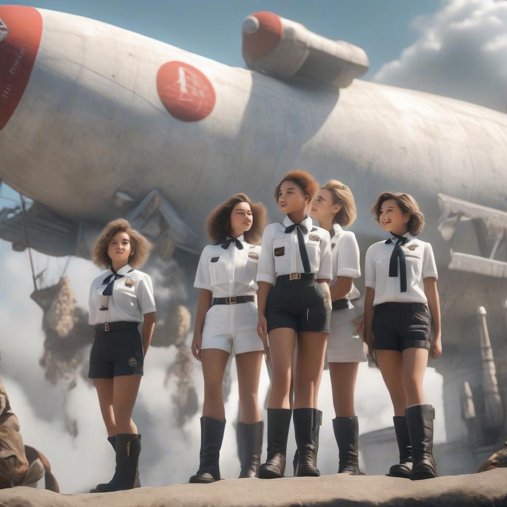  hyperrealistic art A line of girls cadets in concrete, wearing black shorts and white shirts with black collars, a medal on their chest, in military boots, against the backdrop of a zeppelin, the sun shines, there is wind, realism. . extremely high resolution details, photographic, realism pushed to extreme, fine texture, incredibly lifelike hyperrealistic, full body, detailed clothing, highly detailed, cinematic lighting, stunningly beautiful, intricate, sharp focus, f/1. 8, 85mm, (centered image composition), (professionally color graded), ((bright soft diffused light)), volumetric fog, trending on instagram, trending on tumblr, HDR 4K, 8K