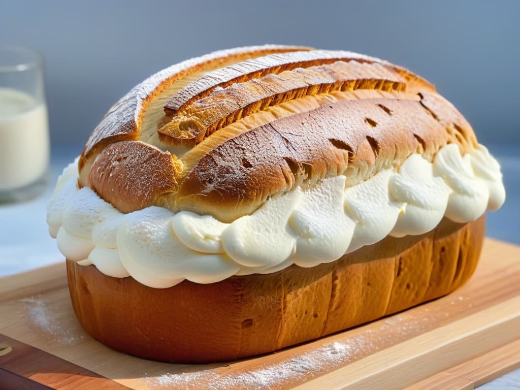  A closeup, ultradetailed image of a perfectly risen vegan sourdough loaf, showcasing the intricate patterns of the crust, with a light dusting of flour on the surface. The texture of the bread should appear fluffy and airy, with visible air pockets, creating a visually captivating image that evokes a sense of artisanal craftsmanship and natural fermentation. hyperrealistic, full body, detailed clothing, highly detailed, cinematic lighting, stunningly beautiful, intricate, sharp focus, f/1. 8, 85mm, (centered image composition), (professionally color graded), ((bright soft diffused light)), volumetric fog, trending on instagram, trending on tumblr, HDR 4K, 8K