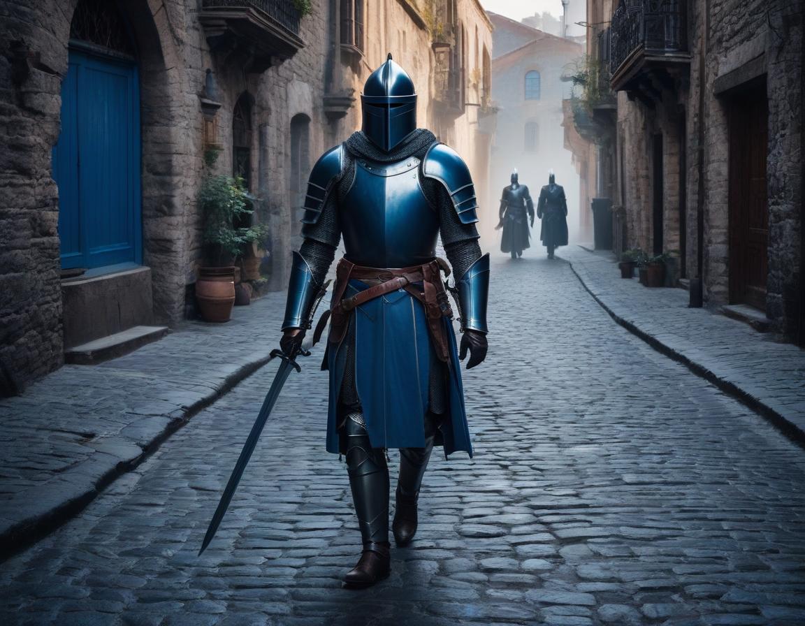  A knight walks down the street in the Old City, the road is paved with blue bricks, and dark creatures follow behind him. hyperrealistic, full body, detailed clothing, highly detailed, cinematic lighting, stunningly beautiful, intricate, sharp focus, f/1. 8, 85mm, (centered image composition), (professionally color graded), ((bright soft diffused light)), volumetric fog, trending on instagram, trending on tumblr, HDR 4K, 8K