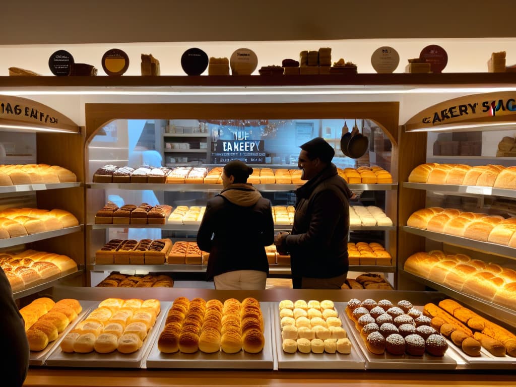  A photorealistic image of a bustling bakery with diverse customers happily selecting ethically sourced Fair Trade sugar and ingredients, displayed prominently with labels indicating their origins. The scene captures the warm glow of the bakery's lights, the intricate details of the various pastries on display, and the smiles on the faces of both the customers and the proud bakers behind the counter. The focus is on the vibrant colors, textures, and the overall inviting atmosphere that conveys the essence of ethical baking practices. hyperrealistic, full body, detailed clothing, highly detailed, cinematic lighting, stunningly beautiful, intricate, sharp focus, f/1. 8, 85mm, (centered image composition), (professionally color graded), ((bright soft diffused light)), volumetric fog, trending on instagram, trending on tumblr, HDR 4K, 8K