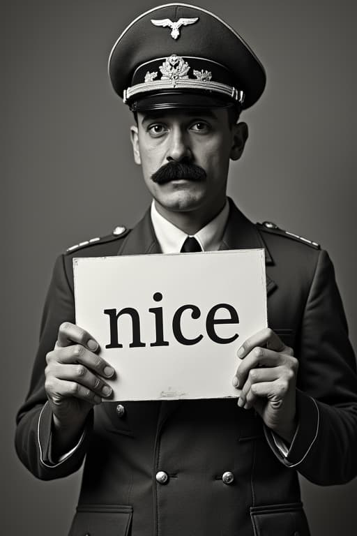  modern photo a (black skin) (hitler), (hitler mustache), wearing nazi uniform, holding a sign saying "nice"