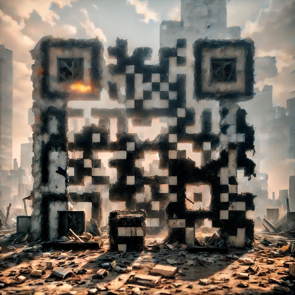  Post apocalyptic city ruins, close up of a destroyed building with graffiti and debris, raw photo style, 3D letters &quot;SCAN IT&quot; in bold, atmospheric lighting with a hazy orange glow, advanced detail processing. 3d render, octane, ultra detailed, masterpiece, best quality, masterpiece