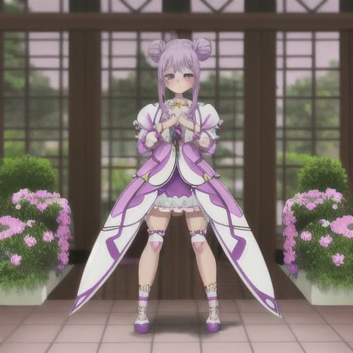  purple. twin bun hair. hair armament. hair between eyes. hair bun. jewelry. indoors. garden. lattice 8k. oshare kei. girl. cute. kawaii. background cute cosmetics. blurred blush painting. full body