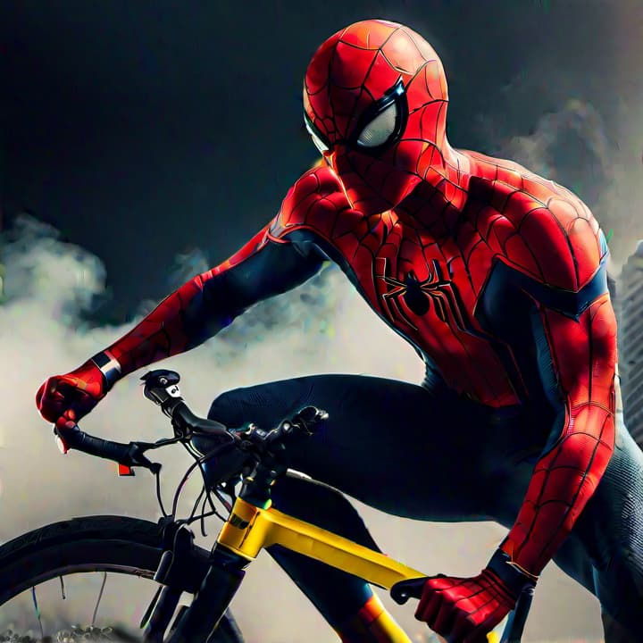  Spider man is riding a yellow bike hyperrealistic, full body, detailed clothing, highly detailed, cinematic lighting, stunningly beautiful, intricate, sharp focus, f/1. 8, 85mm, (centered image composition), (professionally color graded), ((bright soft diffused light)), volumetric fog, trending on instagram, trending on tumblr, HDR 4K, 8K