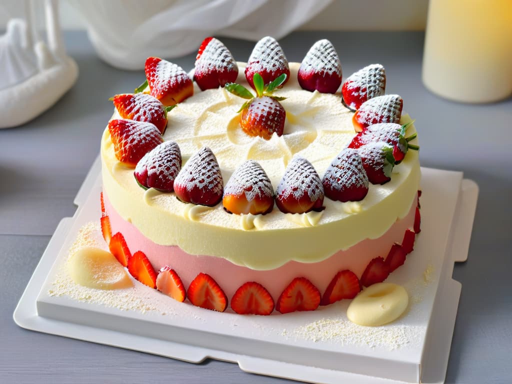  A closeup, ultradetailed image of a decadent slice of fresh strawberry pastel, showcasing the layers of moist sponge cake filled with creamy vanilla custard and topped with a vibrant display of ripe, juicy strawberries glistening with a light glaze. Each seed and tiny droplet of moisture on the strawberries is crystal clear, emphasizing the freshness and sweetness of the fruit, while the golden crust of the cake shimmers with a hint of sugar. The image is so detailed that even the delicate dusting of powdered sugar on top is clearly visible, inviting the viewer to indulge in this perfect springtime dessert. hyperrealistic, full body, detailed clothing, highly detailed, cinematic lighting, stunningly beautiful, intricate, sharp focus, f/1. 8, 85mm, (centered image composition), (professionally color graded), ((bright soft diffused light)), volumetric fog, trending on instagram, trending on tumblr, HDR 4K, 8K