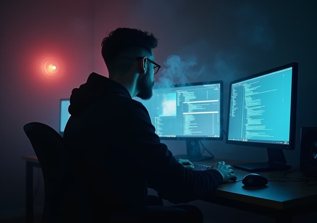  good quality, high quality, a man from his back, smoking and looking at some monitors of his pc, security cameras and hacking, in a very dark room, dystopic colors very blurry image foggy