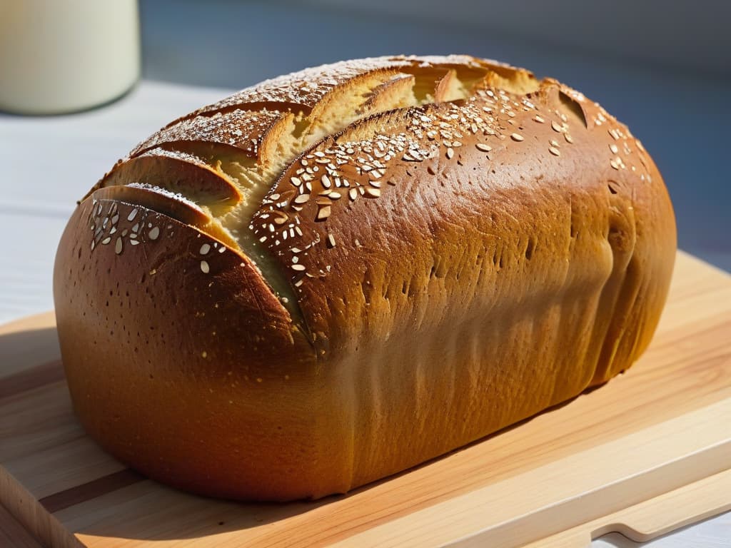  A closeup, ultradetailed image of a perfectly risen vegan sourdough loaf, beautifully scored on top with intricate patterns, sitting on a rustic wooden cutting board. The crust glistens with a goldenbrown hue, and you can see the delicate webbing of air pockets inside the bread. The lighting is soft, casting gentle shadows that highlight the texture of the loaf, making it a visually striking and mouthwatering image. hyperrealistic, full body, detailed clothing, highly detailed, cinematic lighting, stunningly beautiful, intricate, sharp focus, f/1. 8, 85mm, (centered image composition), (professionally color graded), ((bright soft diffused light)), volumetric fog, trending on instagram, trending on tumblr, HDR 4K, 8K