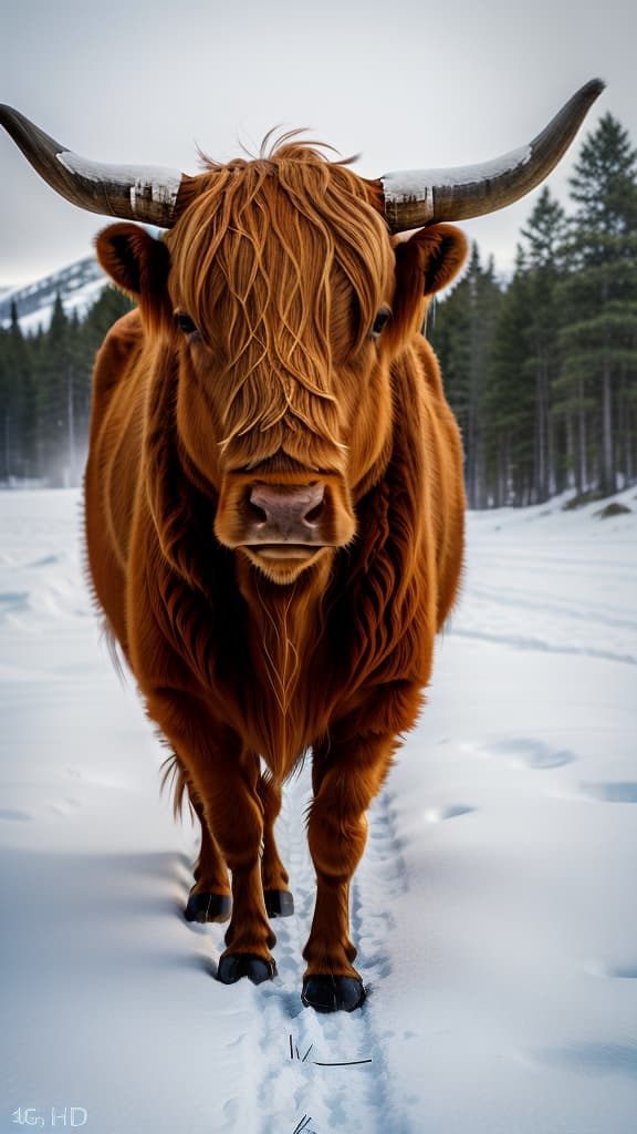  highland cow, tundra snow, high resolution , hyperrealistic, high quality, highly detailed, cinematic lighting, intricate, sharp focus, f/1. 8, 85mm, (centered image composition), (professionally color graded), ((bright soft diffused light)), volumetric fog, trending on instagram, HDR 4K, 8K