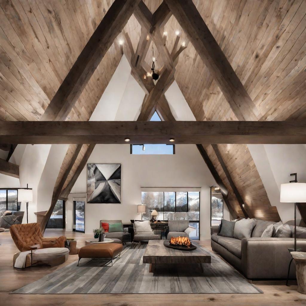   Design a cozy den with exposed wooden beams, a stone fireplace, and leather armchairs for a refined yet rustic feel. 8k, cinematic lighting, HDR