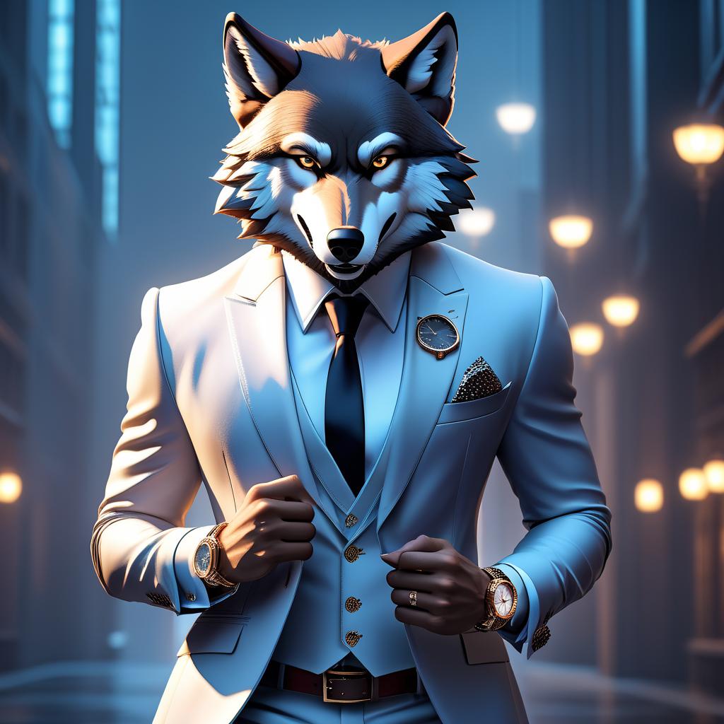  Fashion editorial style Wolf. full grown, not tall, humanoid built, bold gaze, bold smile, frowning eyebrows. suit, expensive office outfit. bold, rich, swindler, expensive watch on wrist, hands clenched in a fist, bold, predatory look. background with gradient, lighting. 3D style. . High fashion, trendy, stylish, editorial, magazine style, professional, highly detailed hyperrealistic, full body, detailed clothing, highly detailed, cinematic lighting, stunningly beautiful, intricate, sharp focus, f/1. 8, 85mm, (centered image composition), (professionally color graded), ((bright soft diffused light)), volumetric fog, trending on instagram, trending on tumblr, HDR 4K, 8K