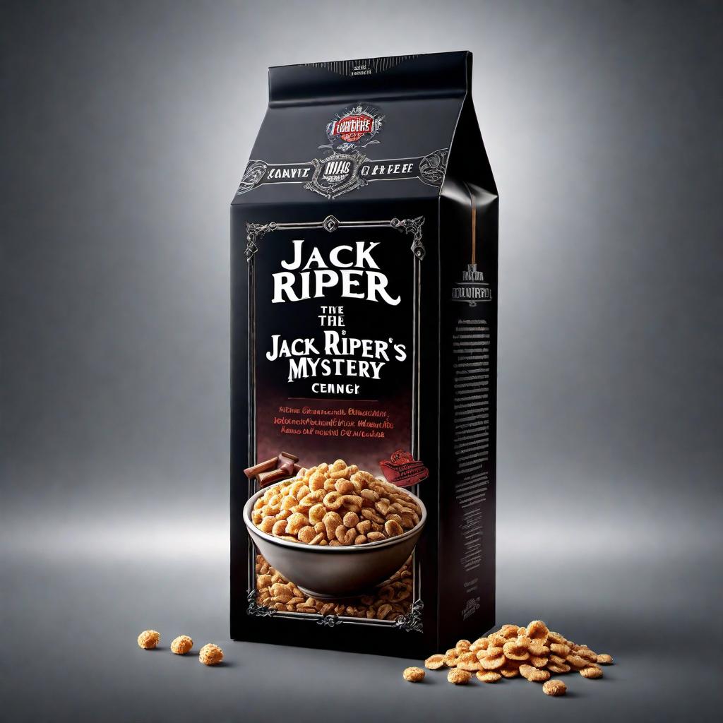  Create an image of a fictional cereal box with the name 'Jack the Ripper's Mystery Crunch'. The cereal box should have a mysterious and intriguing design with dark colors and a magnifying glass as part of the logo. hyperrealistic, full body, detailed clothing, highly detailed, cinematic lighting, stunningly beautiful, intricate, sharp focus, f/1. 8, 85mm, (centered image composition), (professionally color graded), ((bright soft diffused light)), volumetric fog, trending on instagram, trending on tumblr, HDR 4K, 8K