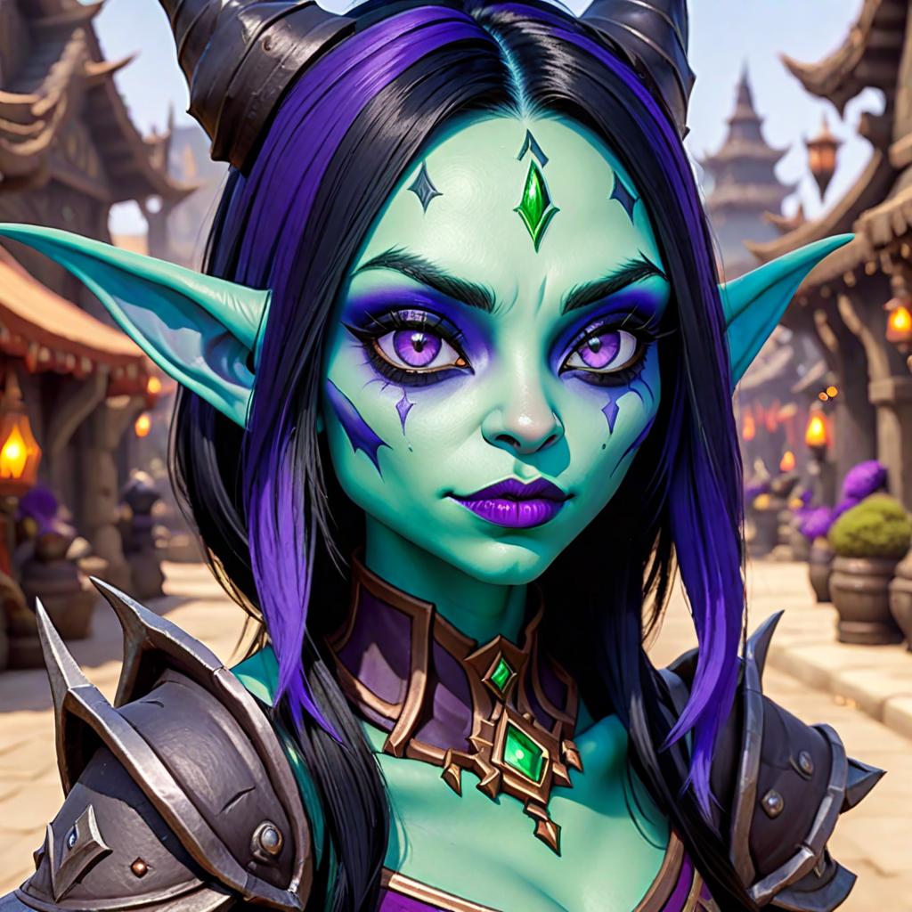  Photorealistic image of female goblin from World of Warcraft with black hair, green skin, violet eyes, purple lipstick, gauged earlobes, dark eyeshadow, and set the background to Orgrimmar