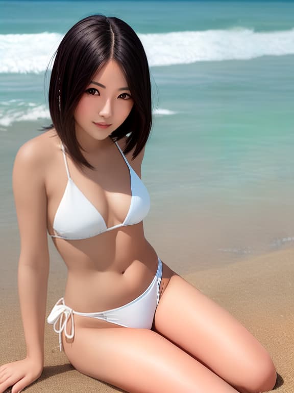  Woman in her 20's, Thin, Full Length, Bob Cut, Straight Hair, Sitting with Thighs Spread, Long Frontal Shot, Pretty Eyes, Gaze, Gentle Smile, Small White Bikini, Soft White Skin, Sandy Beach by the Sea,