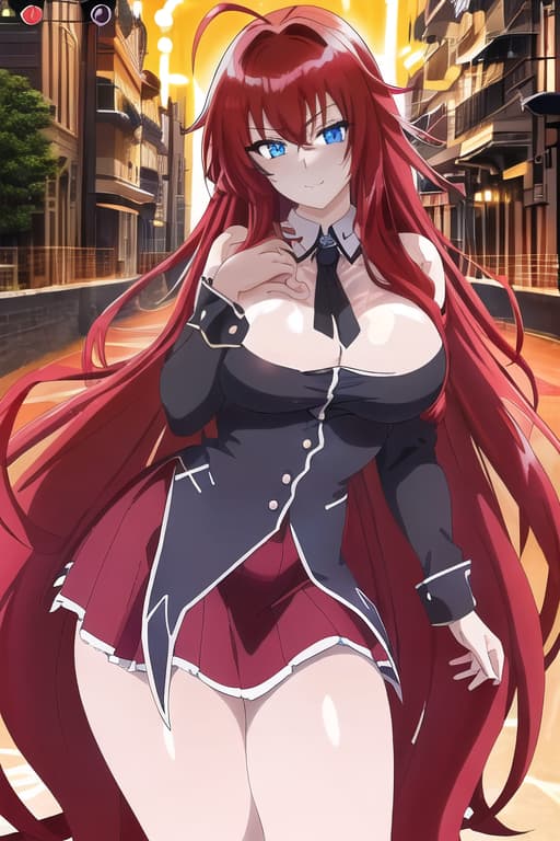   ,masterpiece, best quality, 1women, long red hair, looking at viewer, :3, cute, black uniform, outdoors, streets, cowboy shot, curvy, (((blue eyes))), rias gremory, red hair, antenna hair, wavy hair, ((beautiful detailed eyes, beautiful detailed glow, lots of glow)), anime screencap