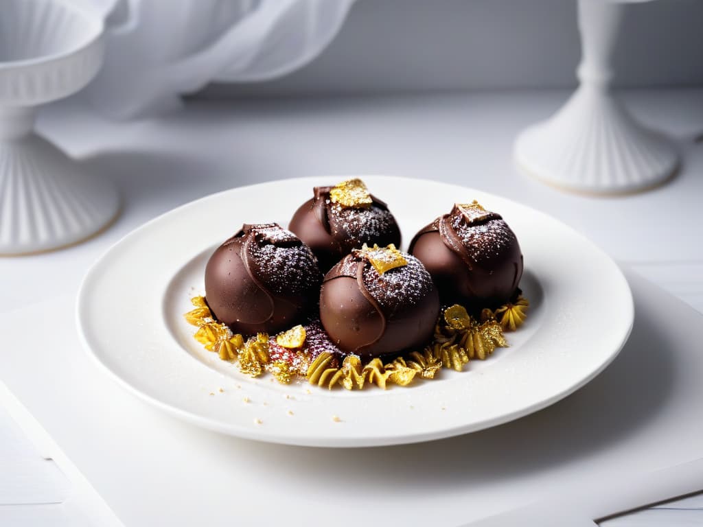  A closeup, highresolution image of a decadent chocolate truffle with a glossy finish, dusted with a sprinkle of edible gold flakes, resting on a sleek, modern white ceramic plate against a soft, blurred background that highlights its luxurious texture and rich color. hyperrealistic, full body, detailed clothing, highly detailed, cinematic lighting, stunningly beautiful, intricate, sharp focus, f/1. 8, 85mm, (centered image composition), (professionally color graded), ((bright soft diffused light)), volumetric fog, trending on instagram, trending on tumblr, HDR 4K, 8K