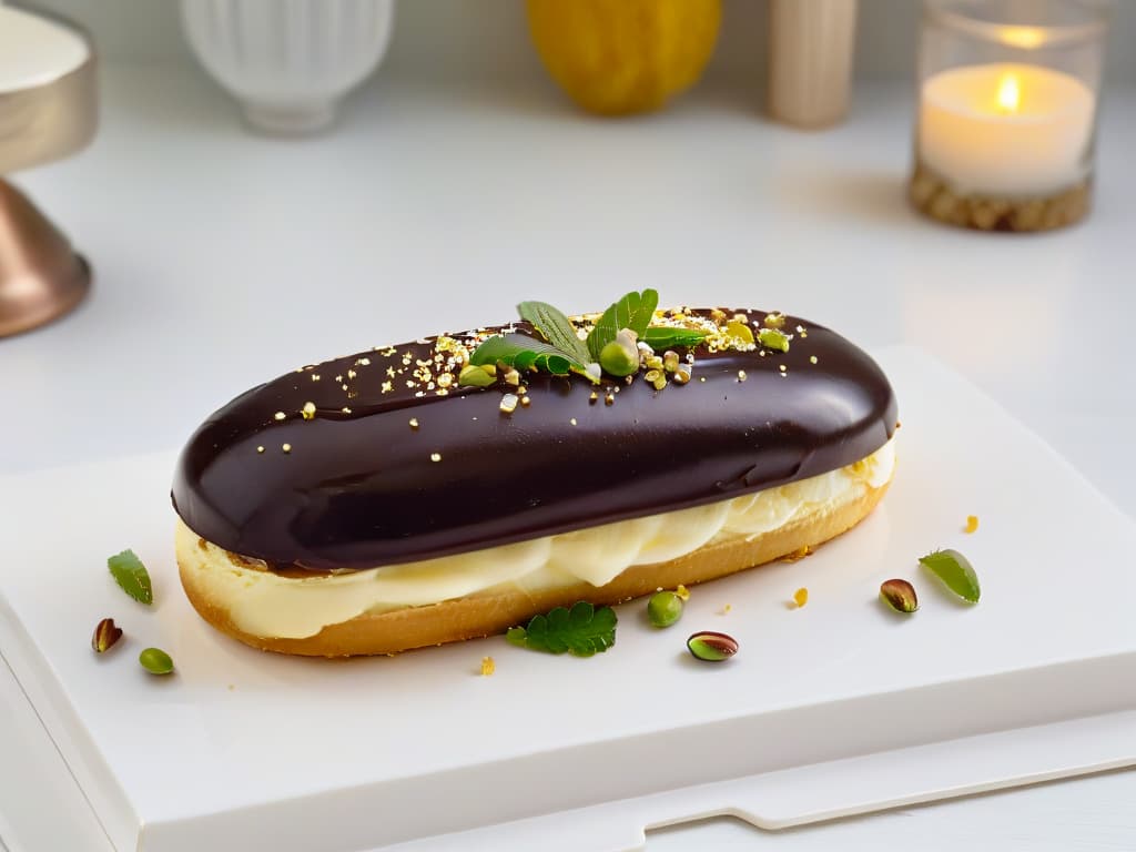  A closeup, ultradetailed photograph of a perfectly baked éclair with a glossy chocolate glaze, topped with a delicate gold leaf, and sprinkled with finely chopped pistachios. The éclair is placed on a sleek, modern white plate with a subtle geometric pattern, set against a softfocused background of a pristine kitchen counter with hints of elegant copper utensils and a stack of pastelcolored measuring cups and spoons. The lighting is warm and inviting, highlighting the rich textures and intricate details of the dessert. hyperrealistic, full body, detailed clothing, highly detailed, cinematic lighting, stunningly beautiful, intricate, sharp focus, f/1. 8, 85mm, (centered image composition), (professionally color graded), ((bright soft diffused light)), volumetric fog, trending on instagram, trending on tumblr, HDR 4K, 8K