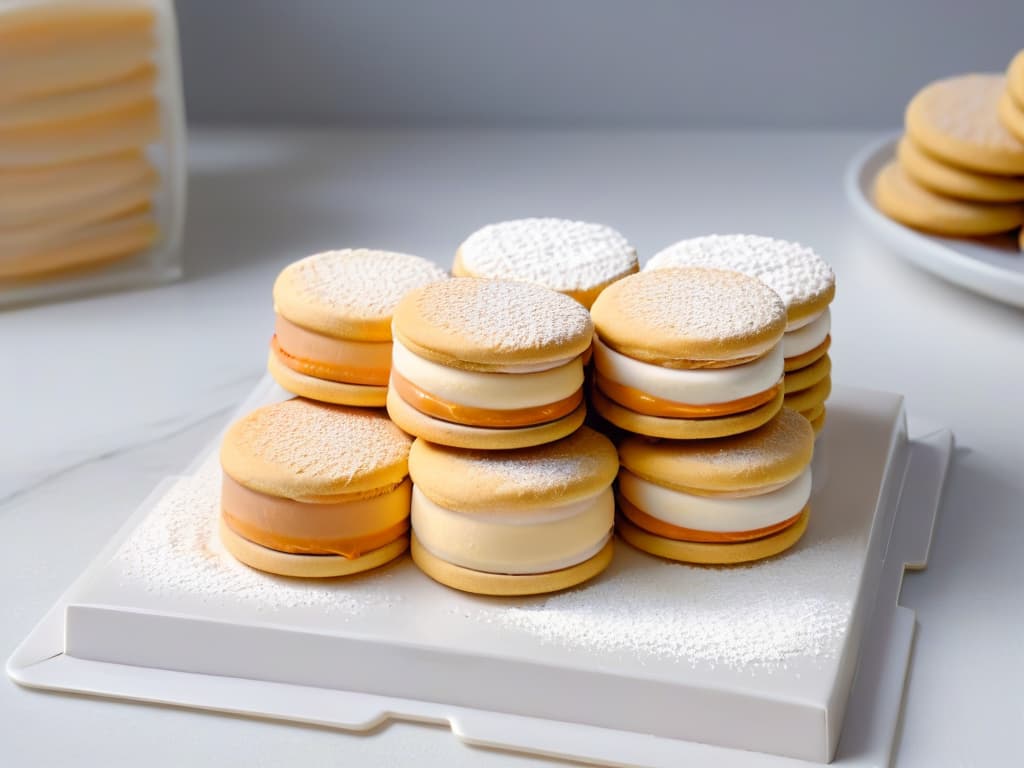  An elegant minimalistic image of a colorful array of alfajores, with delicate layers of dulce de leche sandwiched between two soft, golden cookies, finished with a light dusting of powdered sugar. The alfajores are arranged on a sleek, modern ceramic plate, set against a clean, white background to highlight their exquisite textures and inviting presentation. hyperrealistic, full body, detailed clothing, highly detailed, cinematic lighting, stunningly beautiful, intricate, sharp focus, f/1. 8, 85mm, (centered image composition), (professionally color graded), ((bright soft diffused light)), volumetric fog, trending on instagram, trending on tumblr, HDR 4K, 8K