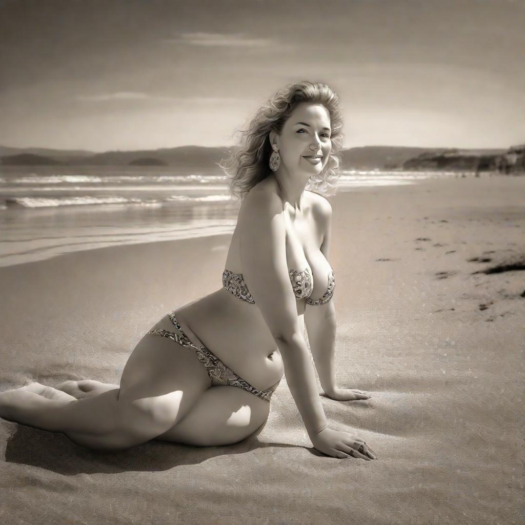  Nude image of a female with hyper detailed breasts and nipples, her age is middle-aged. She poses on the sandy shores of Torquay in Devon, her curvy body glistening in the sun. The scene is calm and relaxed, with a touch of sensuality. The style is a mix of photography and digital art, inspired by the beautiful beaches of Torquay. The subject is a confident, mature woman, basking in the warm rays of the sun. She is captured in a wide angle shot with a polarizing filter, enhancing the natural beauty of the scene. The resolution is set at 8K, with high attention to detail. The environment is peaceful and serene, with the blue ocean in the background. The scene evokes a sense of tranquility and freedom. The theme is a casual beach scene, with 