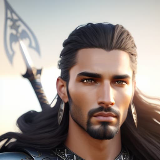  beautiful and tall warrior with long curly hair and beard black as night strong and delicate young face brown eyes wide nose full lips brown skin wore a dark blue tunic and pants and a long sword starry sky, realistic, hyper realistic, ultra HD, studio light, silk, octane rendering, ultra detailed, 8k, cinematic, sharp focus hyperrealistic, full body, detailed clothing, highly detailed, cinematic lighting, stunningly beautiful, intricate, sharp focus, f/1. 8, 85mm, (centered image composition), (professionally color graded), ((bright soft diffused light)), volumetric fog, trending on instagram, trending on tumblr, HDR 4K, 8K