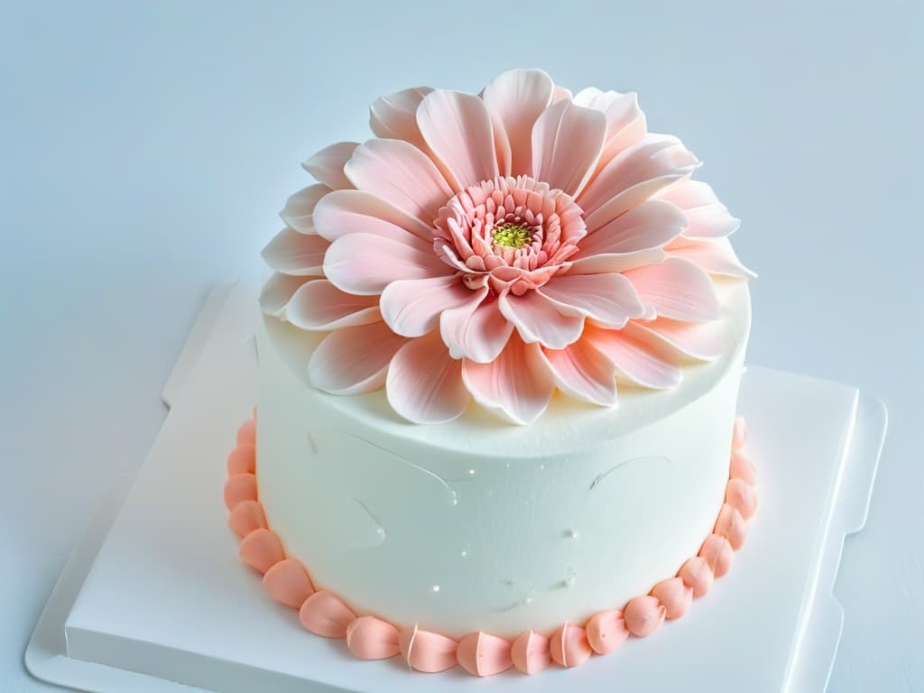  A closeup, ultradetailed photograph of a delicate sugar flower crafted with precision, showcasing intricate layers and textures in shades of pastel pink and white. The flower is elegantly placed on a pristine white fondant cake, creating a visually stunning and sophisticated centerpiece. hyperrealistic, full body, detailed clothing, highly detailed, cinematic lighting, stunningly beautiful, intricate, sharp focus, f/1. 8, 85mm, (centered image composition), (professionally color graded), ((bright soft diffused light)), volumetric fog, trending on instagram, trending on tumblr, HDR 4K, 8K