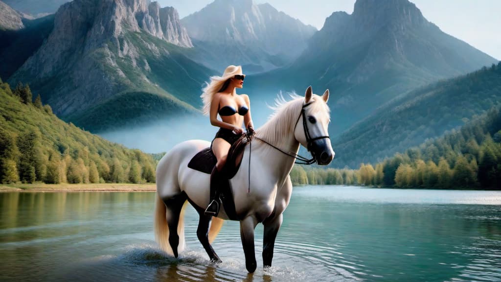  pretty woman, platinum blonde, riding a horse, naked, mountain lake background, ((Realistic)) hyperrealistic, full body, detailed clothing, highly detailed, cinematic lighting, stunningly beautiful, intricate, sharp focus, f/1. 8, 85mm, (centered image composition), (professionally color graded), ((bright soft diffused light)), volumetric fog, trending on instagram, trending on tumblr, HDR 4K, 8K