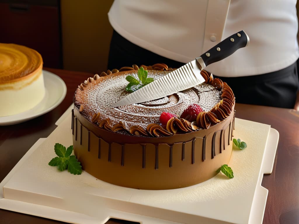  A closeup, ultradetailed image of a hand holding a sleek, sharp chef's knife, poised above a perfectly sliced cake with precise, clean cuts. The knife glistens under a soft spotlight, emphasizing its impeccable craftsmanship and precision. The cake showcases intricate layers and delicate decorations, highlighting the mastery and skill required in pastry making. The background is a subtle, muted tone to enhance the minimalist aesthetic, focusing the viewer's attention on the artistry and professionalism of the knife work in pastry preparation. hyperrealistic, full body, detailed clothing, highly detailed, cinematic lighting, stunningly beautiful, intricate, sharp focus, f/1. 8, 85mm, (centered image composition), (professionally color graded), ((bright soft diffused light)), volumetric fog, trending on instagram, trending on tumblr, HDR 4K, 8K