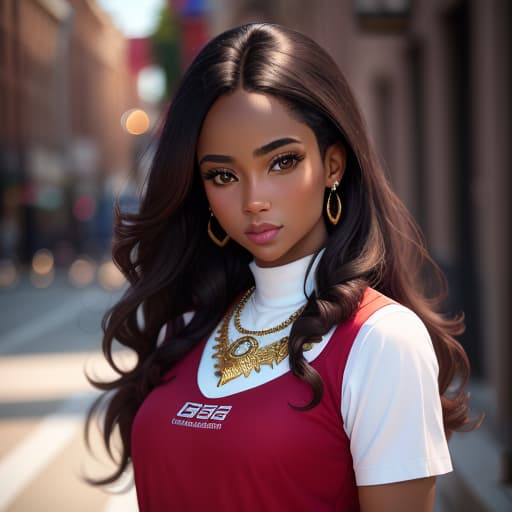  women ,African American , long brown hair, diamond bib necklace, lip gloss, red T-shirt , hyperrealistic, high quality, highly detailed, perfect lighting, intricate, sharp focus, f/1. 8, 85mm, (centered image composition), (professionally color graded), ((bright soft diffused light)), trending on instagram, HDR 4K, 8K