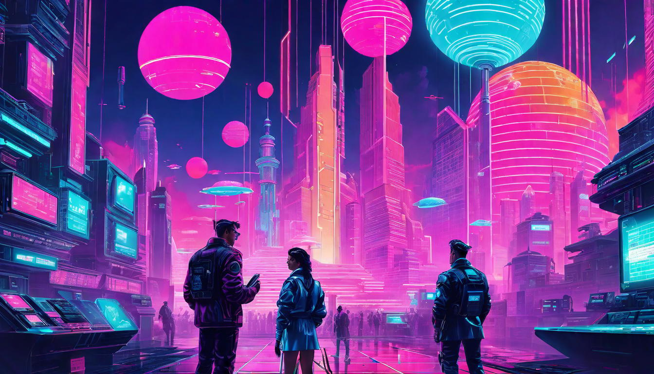  vaporwave,cyberpunk game style Intrigued colleagues, figure presenting grand ideas, ethereal thought bubbles, visionary settingseon, dystopian, futuristic, digital, vibrant, detailed, high contrast, reminiscent of cyberpunk genre video games,retro aesthetic, cyberpunk, vibrant, neon colors, vintage 80s and 90s style, highly detailed