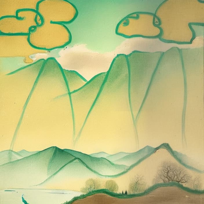  Chinese style landscape painting, mountains, rivers, clouds