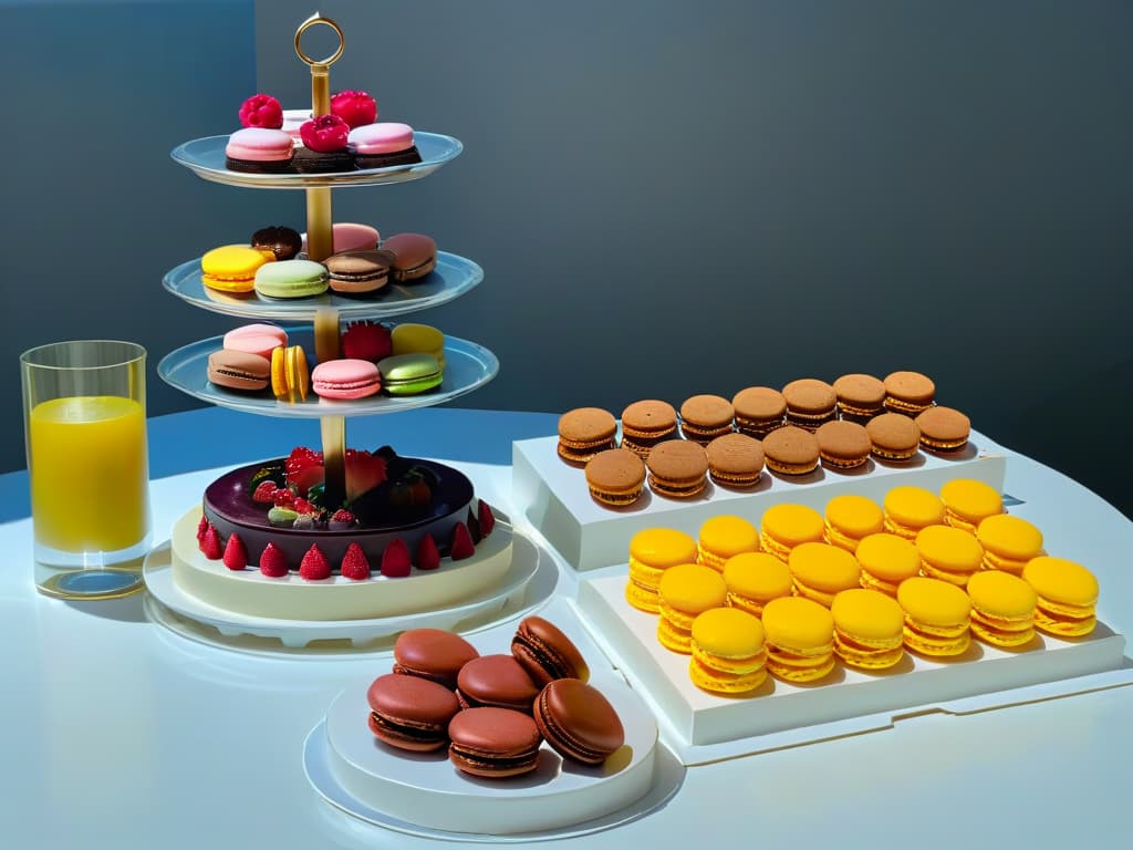  A visually striking image of a modern, sleek kitchen counter with various traditional and international desserts displayed on elegant platters. The desserts range from colorful macarons to decadent cakes, all meticulously crafted and visually appealing. The setting is minimalistic, with clean lines and neutral tones, allowing the desserts to take center stage. Light streams in from a window, casting a soft glow on the desserts and creating a serene atmosphere. hyperrealistic, full body, detailed clothing, highly detailed, cinematic lighting, stunningly beautiful, intricate, sharp focus, f/1. 8, 85mm, (centered image composition), (professionally color graded), ((bright soft diffused light)), volumetric fog, trending on instagram, trending on tumblr, HDR 4K, 8K