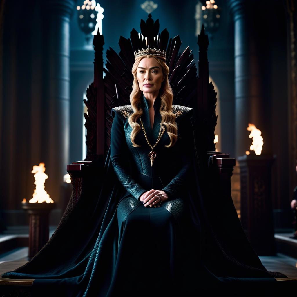  cinematic photo Queen Cersei in the dark throne room, in the style of Game of Thrones. . 35mm photograph, film, bokeh, professional, 4k, highly detailed hyperrealistic, full body, detailed clothing, highly detailed, cinematic lighting, stunningly beautiful, intricate, sharp focus, f/1. 8, 85mm, (centered image composition), (professionally color graded), ((bright soft diffused light)), volumetric fog, trending on instagram, trending on tumblr, HDR 4K, 8K