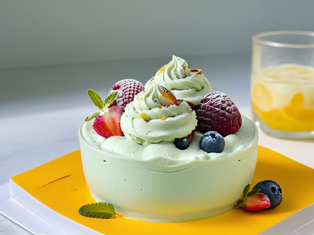  A closeup, ultradetailed photograph of a vibrant, multicolored helado artesanal in a traditional Latin American ice cream parlor, showcasing intricate swirls of exotic flavors like maracuyá, guanábana, and chirimoya, topped with fresh fruit and herbs, all set against a clean, white backdrop to emphasize the intricate details of the frozen treat. hyperrealistic, full body, detailed clothing, highly detailed, cinematic lighting, stunningly beautiful, intricate, sharp focus, f/1. 8, 85mm, (centered image composition), (professionally color graded), ((bright soft diffused light)), volumetric fog, trending on instagram, trending on tumblr, HDR 4K, 8K