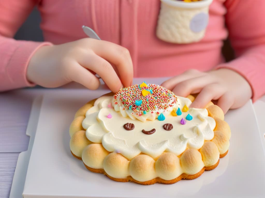  An ultradetailed image of a young child's small hands carefully decorating a sugar cookie with colorful icing, sprinkles, and edible glitter. The focus is on the child's concentration and the intricate details of the cookie decoration process, showcasing the joy and creativity of baking together. hyperrealistic, full body, detailed clothing, highly detailed, cinematic lighting, stunningly beautiful, intricate, sharp focus, f/1. 8, 85mm, (centered image composition), (professionally color graded), ((bright soft diffused light)), volumetric fog, trending on instagram, trending on tumblr, HDR 4K, 8K