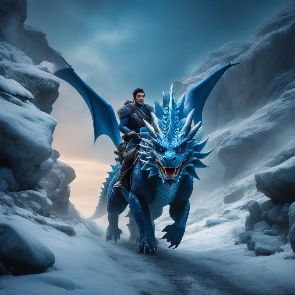  A young man riding a blue dragon on a stone road amidst icy rocks, around are icy rocks. hyperrealistic, full body, detailed clothing, highly detailed, cinematic lighting, stunningly beautiful, intricate, sharp focus, f/1. 8, 85mm, (centered image composition), (professionally color graded), ((bright soft diffused light)), volumetric fog, trending on instagram, trending on tumblr, HDR 4K, 8K