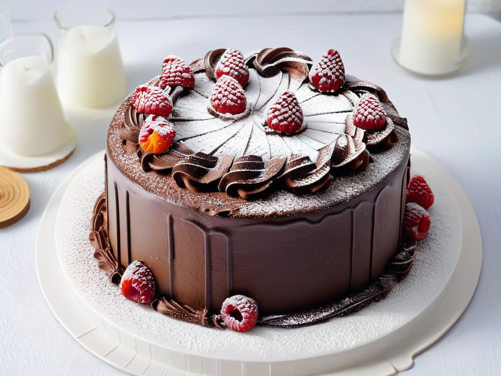  A visually striking image of a perfectly baked glutenfree chocolate cake, adorned with fresh raspberries and a dusting of powdered sugar, set against a stark white background. The cake is beautifully moist and rich, with intricate swirls of chocolate ganache elegantly drizzled on top. The raspberries glisten in the soft lighting, adding a pop of vibrant color to the otherwise monochromatic scene. The minimalist composition highlights the exquisite details of the cake, inviting the viewer to appreciate the artistry and craftsmanship of glutenfree baking. hyperrealistic, full body, detailed clothing, highly detailed, cinematic lighting, stunningly beautiful, intricate, sharp focus, f/1. 8, 85mm, (centered image composition), (professionally color graded), ((bright soft diffused light)), volumetric fog, trending on instagram, trending on tumblr, HDR 4K, 8K