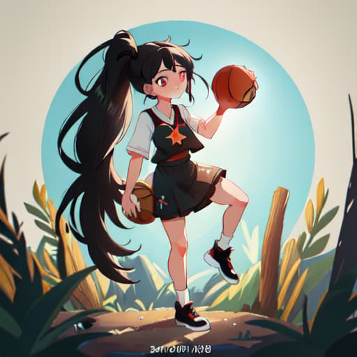  anime girl black hair bright dark brown eyes red and white basketball uniform with the number 18 and the name Nicky white and black shoes Have your hair in a medium high ponytail with two strands on the sides of your ears, have a basketball and look full body Pastel Palette, Da Vinci's Dreams, Picasso's , Sunrise Splendors, Floral Fantasy, Mystical Moonscapes, Urban Nature, Crystal Clear, Cinematic hyperrealistic, full body, detailed clothing, highly detailed, cinematic lighting, stunningly beautiful, intricate, sharp focus, f/1. 8, 85mm, (centered image composition), (professionally color graded), ((bright soft diffused light)), volumetric fog, trending on instagram, trending on tumblr, HDR 4K, 8K