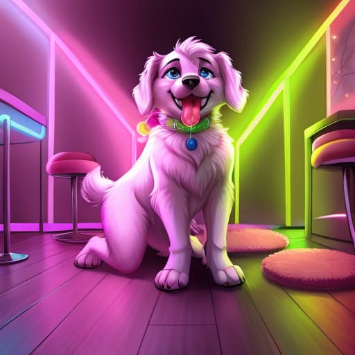  a neon lit room with a dog coming in his own mouth with sex toys on the floor with sperm every where, open eyes, digital art, masterpiece, 4k, fine details,