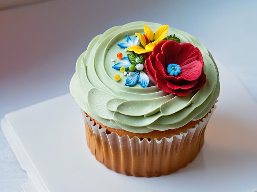  A closeup, ultradetailed image of a delicate, intricately decorated cupcake with vibrant colors and precise piping work, showcasing the artistry and skill involved in inclusive pastry making. The frosting swirls elegantly on top, adorned with meticulously placed edible flowers and tiny sugar beads, creating a visually stunning and appetizing treat that symbolizes the creativity and dedication of individuals with disabilities in the baking industry. hyperrealistic, full body, detailed clothing, highly detailed, cinematic lighting, stunningly beautiful, intricate, sharp focus, f/1. 8, 85mm, (centered image composition), (professionally color graded), ((bright soft diffused light)), volumetric fog, trending on instagram, trending on tumblr, HDR 4K, 8K