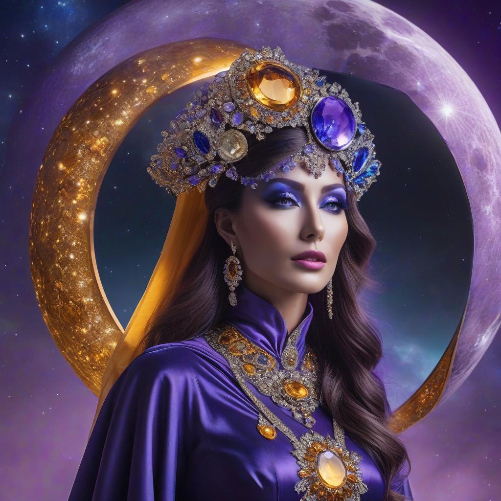  Flying saucer. Space, fantasy. Purple, blue, silver colors. Moon. Purple silk linen. Topaz, diamonds, quartzite, amber, topaz, emerald. The meeting of the sun and the moon. hyperrealistic, full body, detailed clothing, highly detailed, cinematic lighting, stunningly beautiful, intricate, sharp focus, f/1. 8, 85mm, (centered image composition), (professionally color graded), ((bright soft diffused light)), volumetric fog, trending on instagram, trending on tumblr, HDR 4K, 8K