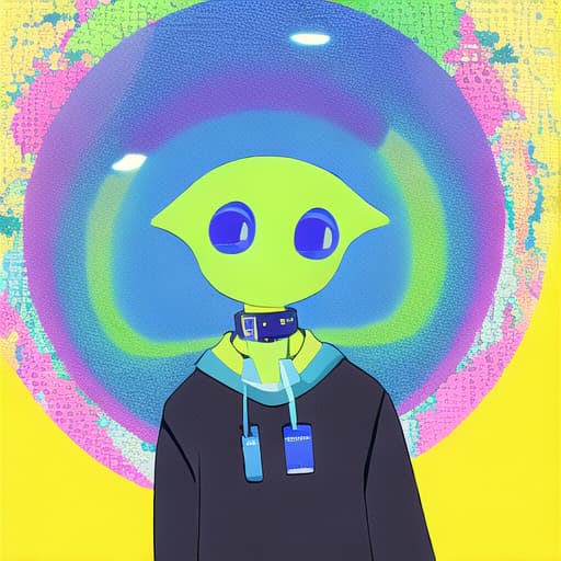 👽 alien, wearing dog collar on neck, collar colors are blue and yellow