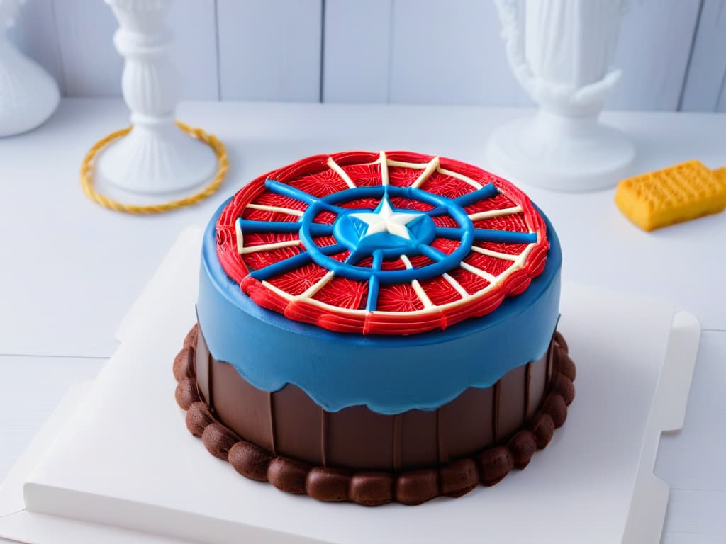  A highresolution minimalist image of a beautifully plated dessert inspired by Marvel characters, featuring intricate details like a SpiderMan logo made of chocolate on a vibrant red velvet cake, Thor's hammer replicated in fondant atop a decadent chocolate cupcake, and Captain America's shield creatively represented with colorful icing on a delicious sugar cookie. The dessert should be elegantly presented on a sleek white plate against a clean, modern background to emphasize the artistry and creativity of the Marvelthemed treats. hyperrealistic, full body, detailed clothing, highly detailed, cinematic lighting, stunningly beautiful, intricate, sharp focus, f/1. 8, 85mm, (centered image composition), (professionally color graded), ((bright soft diffused light)), volumetric fog, trending on instagram, trending on tumblr, HDR 4K, 8K