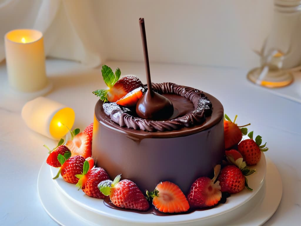  A minimalistic and elegant image of a chocolate fondue set placed on a marble table, with rich and creamy melted chocolate cascading down the sides of a perfectly ripe strawberry, creating a glossy finish. The soft glow of candlelight illuminates the scene, casting a warm and inviting ambiance, while delicate wisps of steam rise from the decadent chocolate, evoking a sense of indulgence and luxury. The focus is on the intricate details of the dessert, highlighting the smooth texture of the chocolate and the vibrant color of the fresh fruit, capturing the essence of a perfect chocolate fondue experience. hyperrealistic, full body, detailed clothing, highly detailed, cinematic lighting, stunningly beautiful, intricate, sharp focus, f/1. 8, 85mm, (centered image composition), (professionally color graded), ((bright soft diffused light)), volumetric fog, trending on instagram, trending on tumblr, HDR 4K, 8K