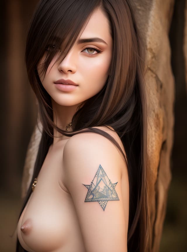  (real person), tattoos, best quality, high resolution, highly detailed, detailed background, perfect lighting, lens flare, fantasy, nature, 1girl,(mountain:1.2), detailed face, perfect face, detailed face, beautiful eyes, pretty face, (bright skin:1.3), clothes, lookbook model, openwork and, real face, real body, realism, big, big, triangle