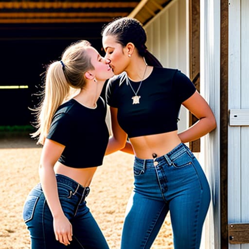  Two white girls in jeans and black crop tops kissing on a farm in front of a horse stall