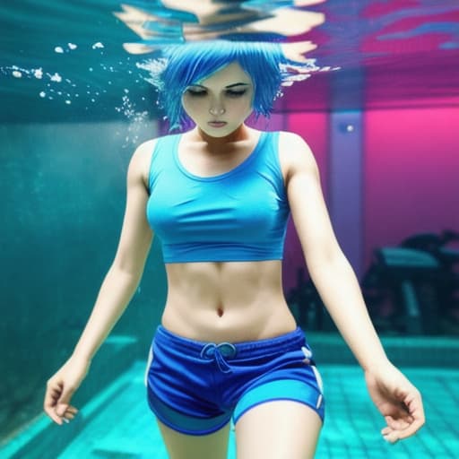  woman under water with short blue hair no reaction t-shirt and pant