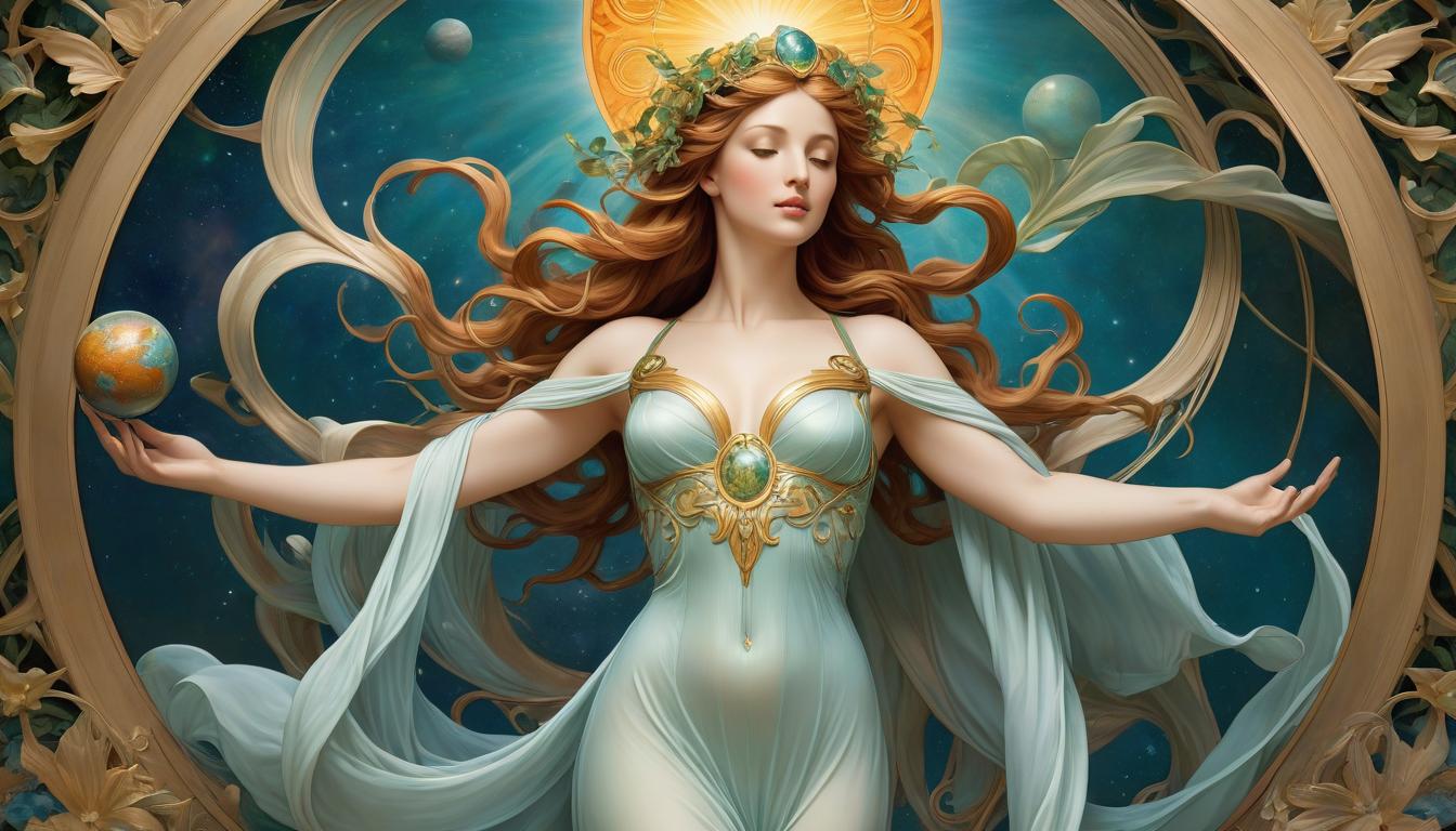  Art Nouveau style (masterpiece:1.6). (The image of the goddess of the Earth in flowing transparent robes in three guises:1.5). Radiant harmony, a single impulse, life, creative emanations, sprout, sun, planet, Universe. High detail. (Expressive eyes, gentle, love:1.4). (Michelangelo, Raphael, Renaissance:1.3). . elegant, decorative, curvilinear forms, nature inspired, ornate, detailed hyperrealistic, full body, detailed clothing, highly detailed, cinematic lighting, stunningly beautiful, intricate, sharp focus, f/1. 8, 85mm, (centered image composition), (professionally color graded), ((bright soft diffused light)), volumetric fog, trending on instagram, trending on tumblr, HDR 4K, 8K