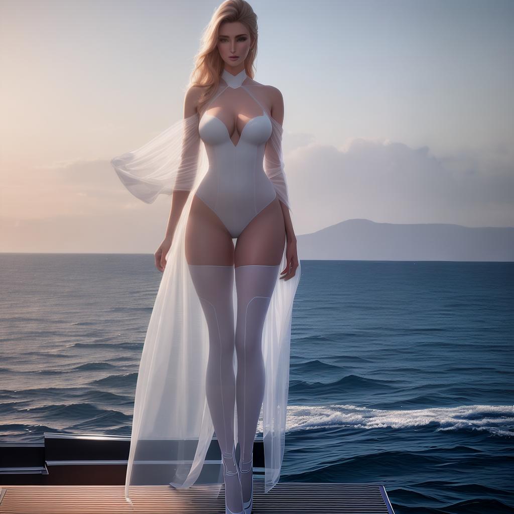  ((Masterpiece)), (((best quality))), 8k, high detailed, ultra-detailed. A 25-year-old supermodel standing on the deck of a luxury yacht, wearing a transparent outfit that is invisible yet tactile, ensuring coverage. The model is captured in a natural, relaxed pose, with the sea and sky in the background. The outfit, while not visible, should be implied through the model's confident stance. The photograph needs to be clear, with 8K resolution and professional lighting that highlights the form without making the outfit apparent. hyperrealistic, full body, detailed clothing, highly detailed, cinematic lighting, stunningly beautiful, intricate, sharp focus, f/1. 8, 85mm, (centered image composition), (professionally color graded), ((bright soft diffused light)), volumetric fog, trending on instagram, trending on tumblr, HDR 4K, 8K