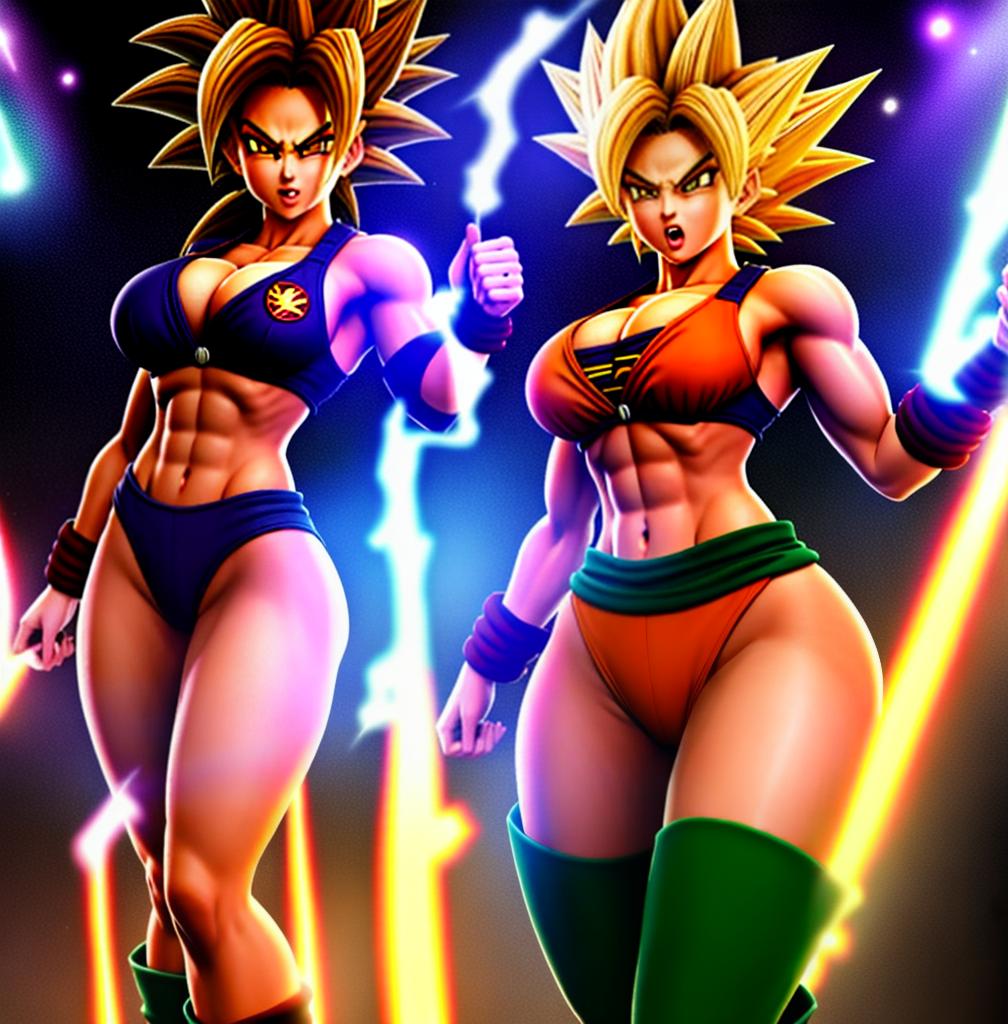  ((foto de cuerpo completo, pie plano, cuerpo recto)), ((laura {Super Super Saiyan mujer con grandes pechos})), ((lleva puesto son goku+Los disfraces de ella son extremadamente ajustados a su cuerpo.))