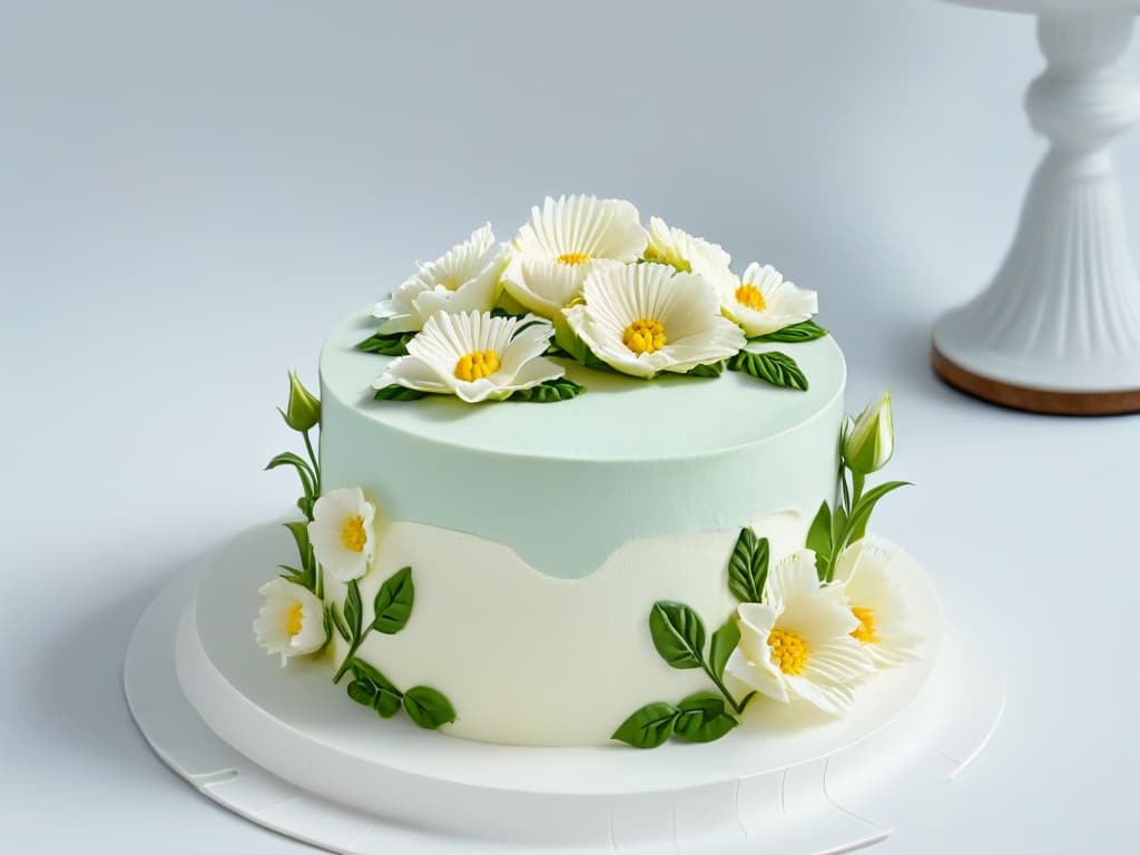  A minimalistic image of a beautifully decorated glutenfree cake, showcasing intricate piping work with delicate flowers and foliage in pastel colors, set against a clean white background. The cake is elegantly displayed on a simple, modern cake stand, exuding a sense of sophistication and craftsmanship. hyperrealistic, full body, detailed clothing, highly detailed, cinematic lighting, stunningly beautiful, intricate, sharp focus, f/1. 8, 85mm, (centered image composition), (professionally color graded), ((bright soft diffused light)), volumetric fog, trending on instagram, trending on tumblr, HDR 4K, 8K