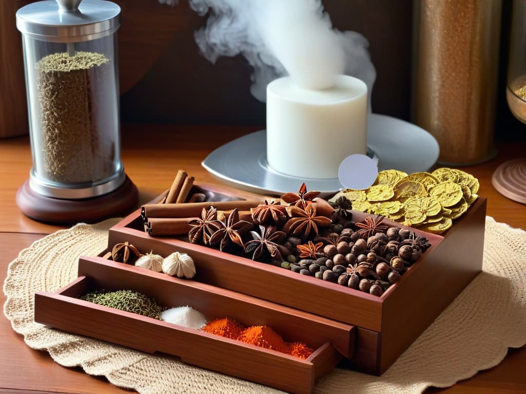  An intricately designed wooden spice box filled with vibrant and aromatic spices such as cinnamon sticks, star anise, cardamom pods, and cloves, set against a backdrop of a rustic kitchen table with soft natural lighting filtering through a nearby window. The grains of each spice are perfectly visible, showcasing their texture and colors, with the arrangement exuding a sense of artful precision and culinary elegance. hyperrealistic, full body, detailed clothing, highly detailed, cinematic lighting, stunningly beautiful, intricate, sharp focus, f/1. 8, 85mm, (centered image composition), (professionally color graded), ((bright soft diffused light)), volumetric fog, trending on instagram, trending on tumblr, HDR 4K, 8K